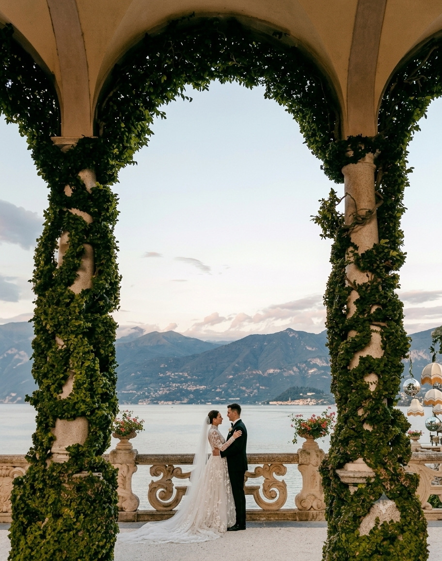 Bride and groom embraced beneath ivy-covered arches overlooking a lake at sunset